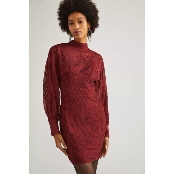 NWOT Anthropologie Wine Dress with Long Bishop Sleeves - Picture 1 of 14